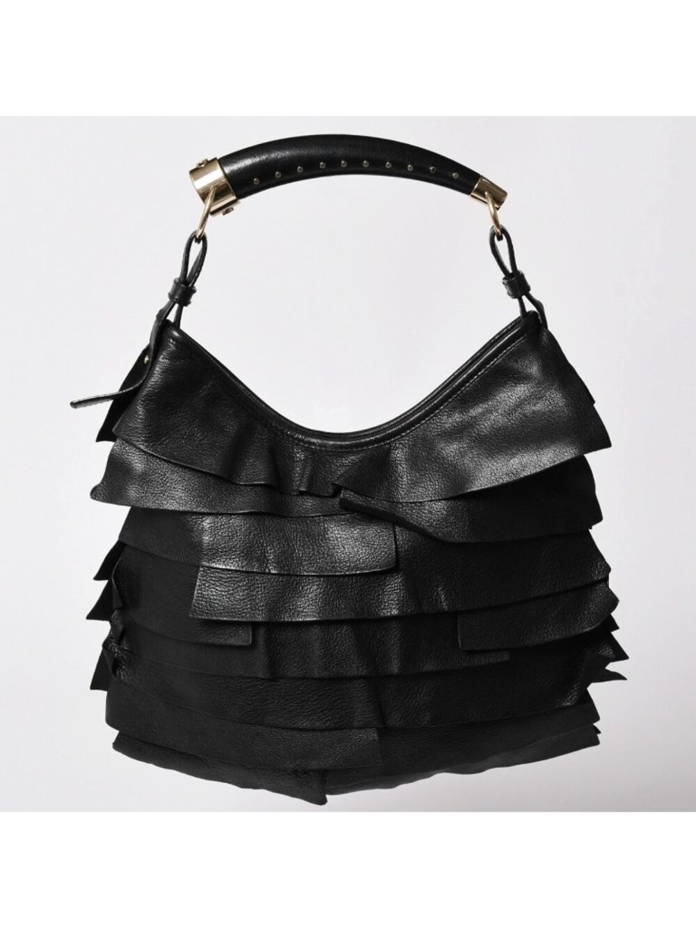 Saint Laurent Tropez Bag Black Ruffle Leather Logo Shoulder Gold